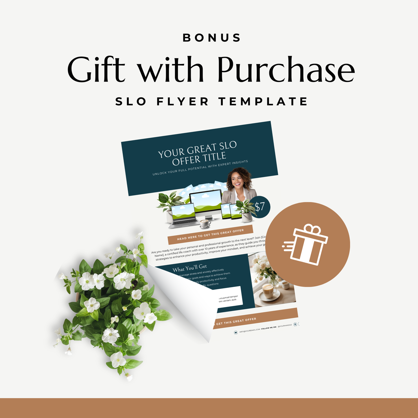 SLO flyer template with a woman, plants, and gift icon on a white background