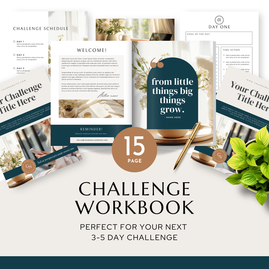Challenge workbook with various pages and a pen on a white surface.