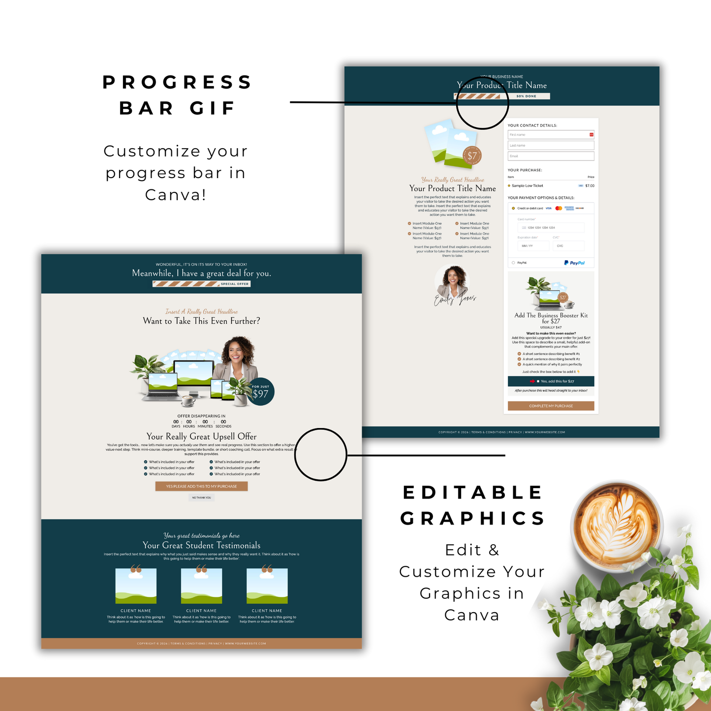 Two web page designs with a progress bar GIF and customizable elements on a white background.