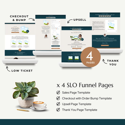 Set of four SLO funnel pages with a plant and coffee cup on a white background