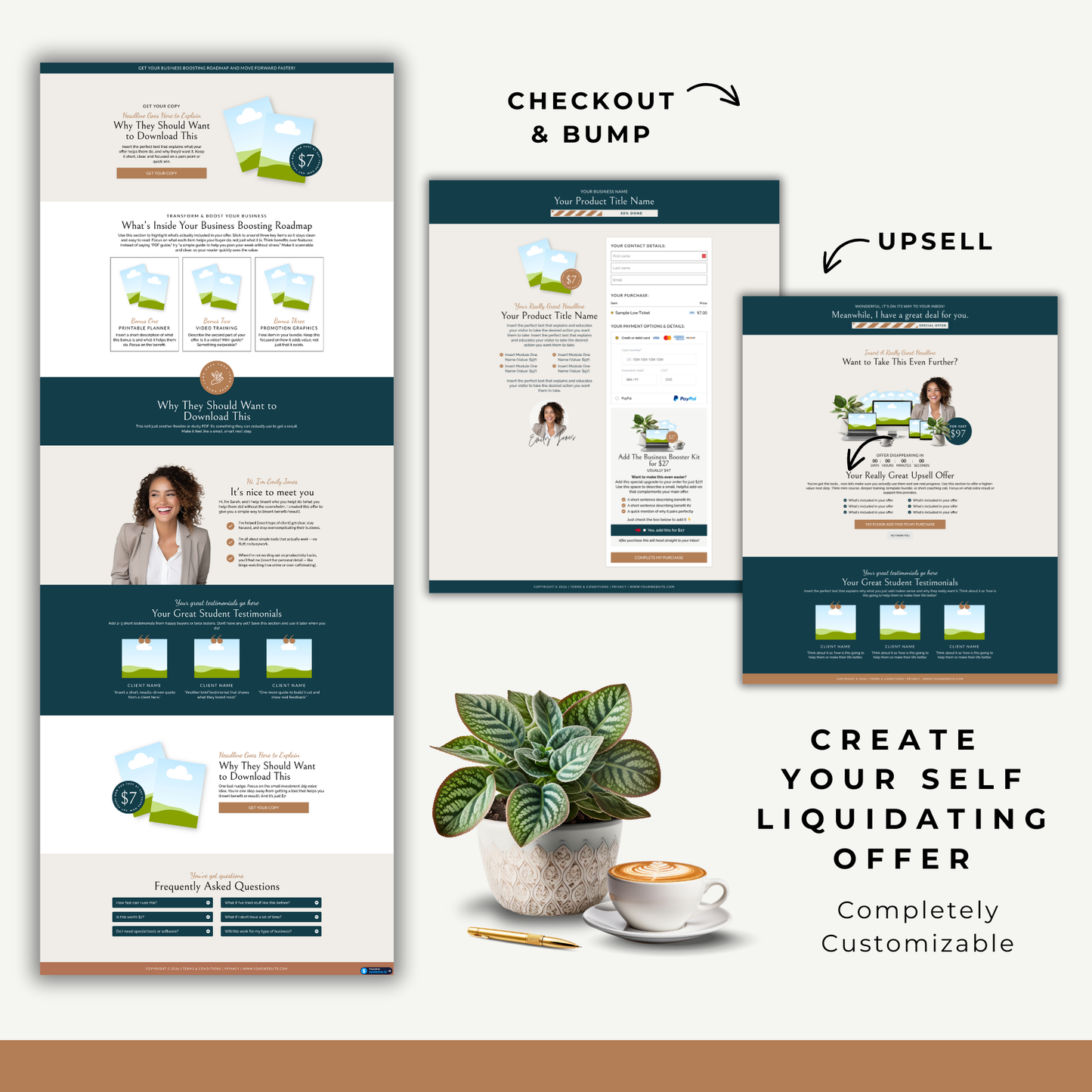 Three web page designs with a plant and cup of coffee on a white background