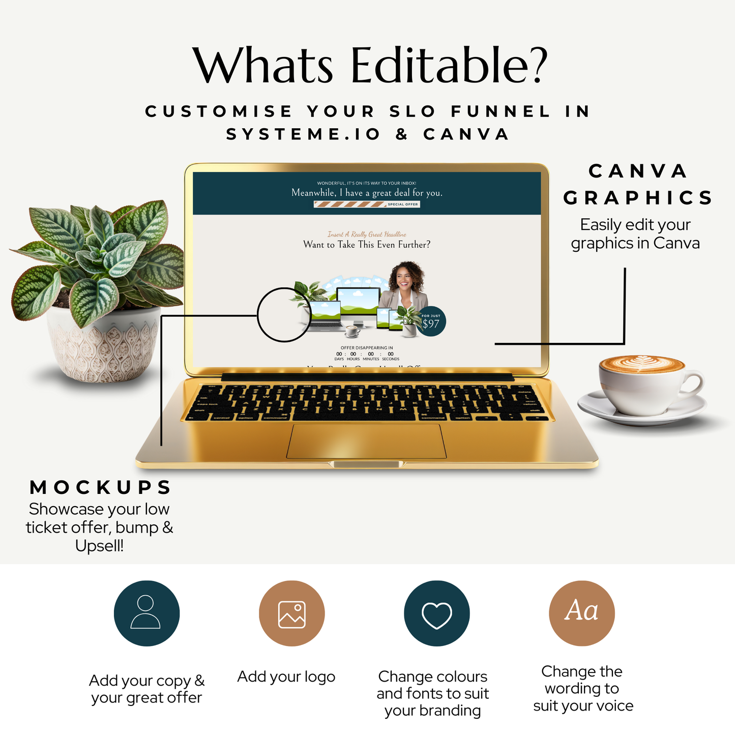 Gold laptop displaying a website with text about customizing a sales funnel using Systemio and Canva.