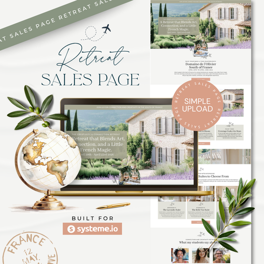 Retreat sales page design with laptop, globe, and house images on a white background.